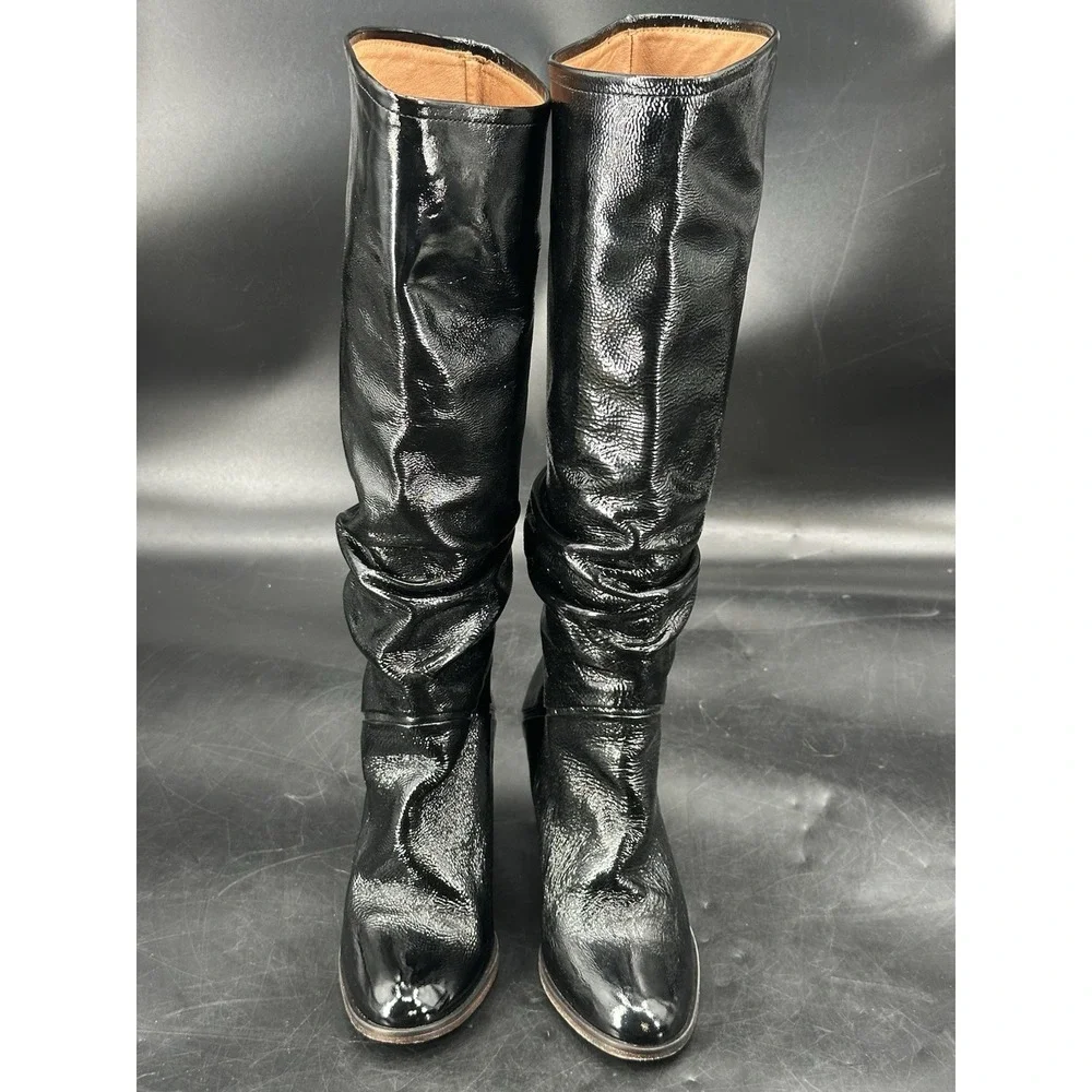 Free People Tennison Black Patent Leather Knee High Slouch Boots Sz EU 38 US 7.5